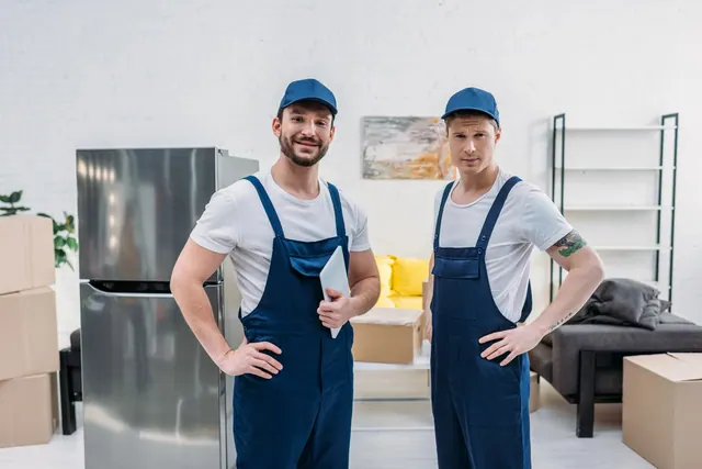 שני עובדים עם ארגזים ומוצר חשמל ברקע