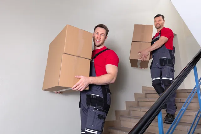 שני מובילים בחולצות אדומות וסרבלים אפורים נושאים קרטונים במורד חדר מדרגות עם מעקה שחור וכחול